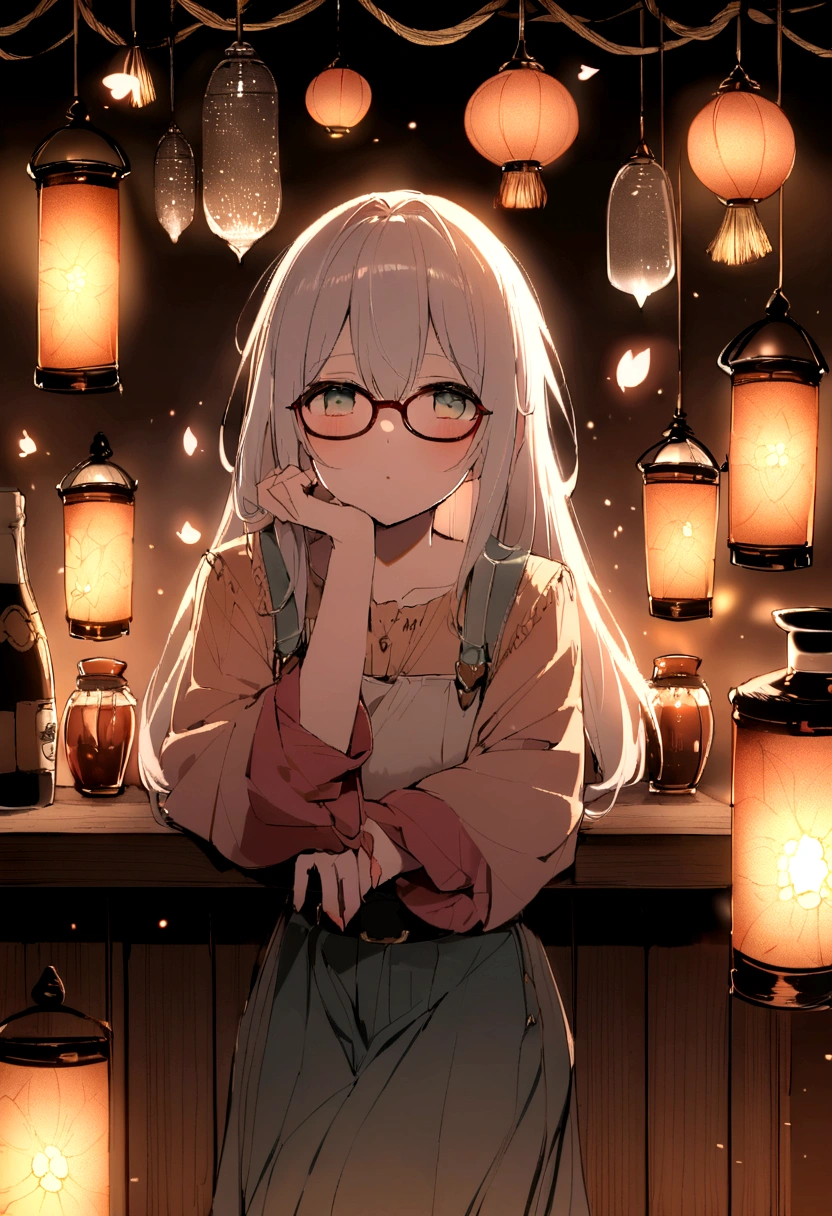 「An elven girl with long silver hair、Create a scene of sitting in a warm, traditional wooden bar。In her hair、繊細なredとpinkのアクセサリーが飾られています。Hanging lanterns emit a soft glow that illuminates the entire bar.、It creates a warm and inviting atmosphere。Cherry blossom petals gracefully dance around her、It adds a magical touch to the scene.。The background includes a cozy bar setup with a variety of bottles and glasses.、The soft light of the lanterns accentuates the tranquil and mysterious atmosphere.。The overall color palette is、red、pink、Use warm tones such as orange、Highlight seductive and serene scenes。」