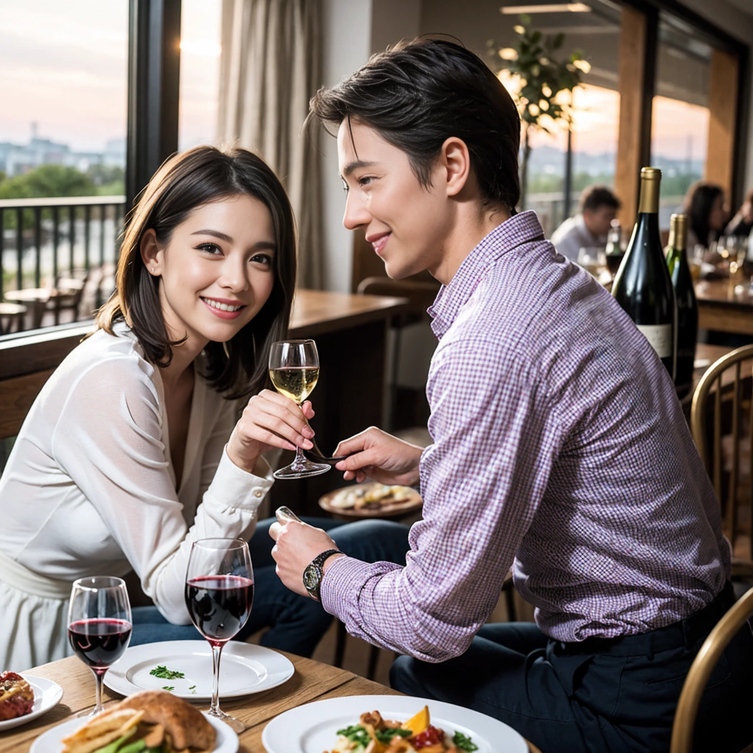 ((Highest quality、8k、masterpiece:1.3))、 (Genuineistic, Genuine、Bright image、Intricate details:1.2), 最高のsmile、1 male 1 female、Beautiful couple、spouse、fiancee、Good friends、actress couple、smile、Full-course dinner at a packed table、 (Slim face), (the body is slim), (Brown Hair), (short hair), テーブルのwine glass、Please shine a light on my face、 Amazing view of the sunset sky and clouds、 (42 years old)40 years old, red wine 、Appetizers、Wine bottle、sparkling wine、Long sleeve shirt、dress、White wine, red wine, wine glass,
