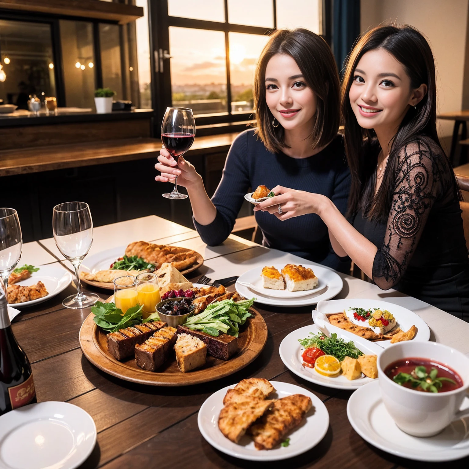 ((Highest quality、8k、masterpiece:1.3))、 (Genuineistic, Genuine、Bright image、Intricate details:1.2), 最高のsmile、1 male 1 female、Beautiful couple、spouse、fiancee、Good friends、actress couple、smile、Full-course dinner at a packed table、 (Slim face), (the body is slim), (Brown Hair), (short hair), テーブルのwine glass、Please shine a light on my face、 Amazing view of the sunset sky and clouds、 (42 years old)40 years old, red wine 、Appetizers、Wine bottle、sparkling wine、Long sleeve shirt、dress、White wine, red wine, wine glass,
