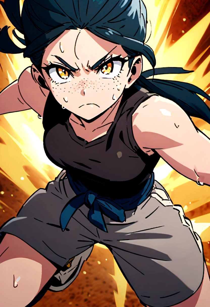 screenshot of my hero academy. full body girl with long black and blue tied hair, intense yellow eyes, freckles on her face, she is wearing a black sleeveless shirt and shorts, she is training with a sweaty face, with a serious expression