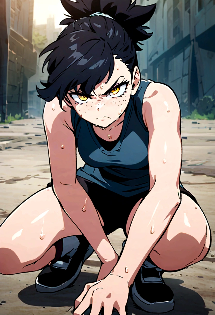 screenshot of my hero academy. full body girl with long black and blue tied hair, intense yellow eyes, freckles on her face, she is wearing a black sleeveless shirt and shorts, she is training with a sweaty face, with a serious expression
