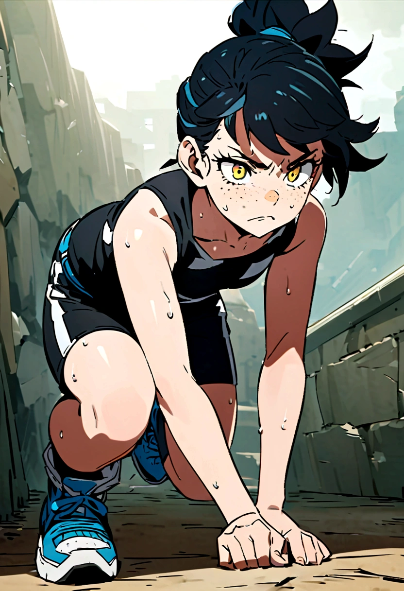 screenshot of my hero academy. full body girl with long black and blue tied hair, intense yellow eyes, freckles on her face, she is wearing a black sleeveless shirt and shorts, she is training with a sweaty face, with a serious expression