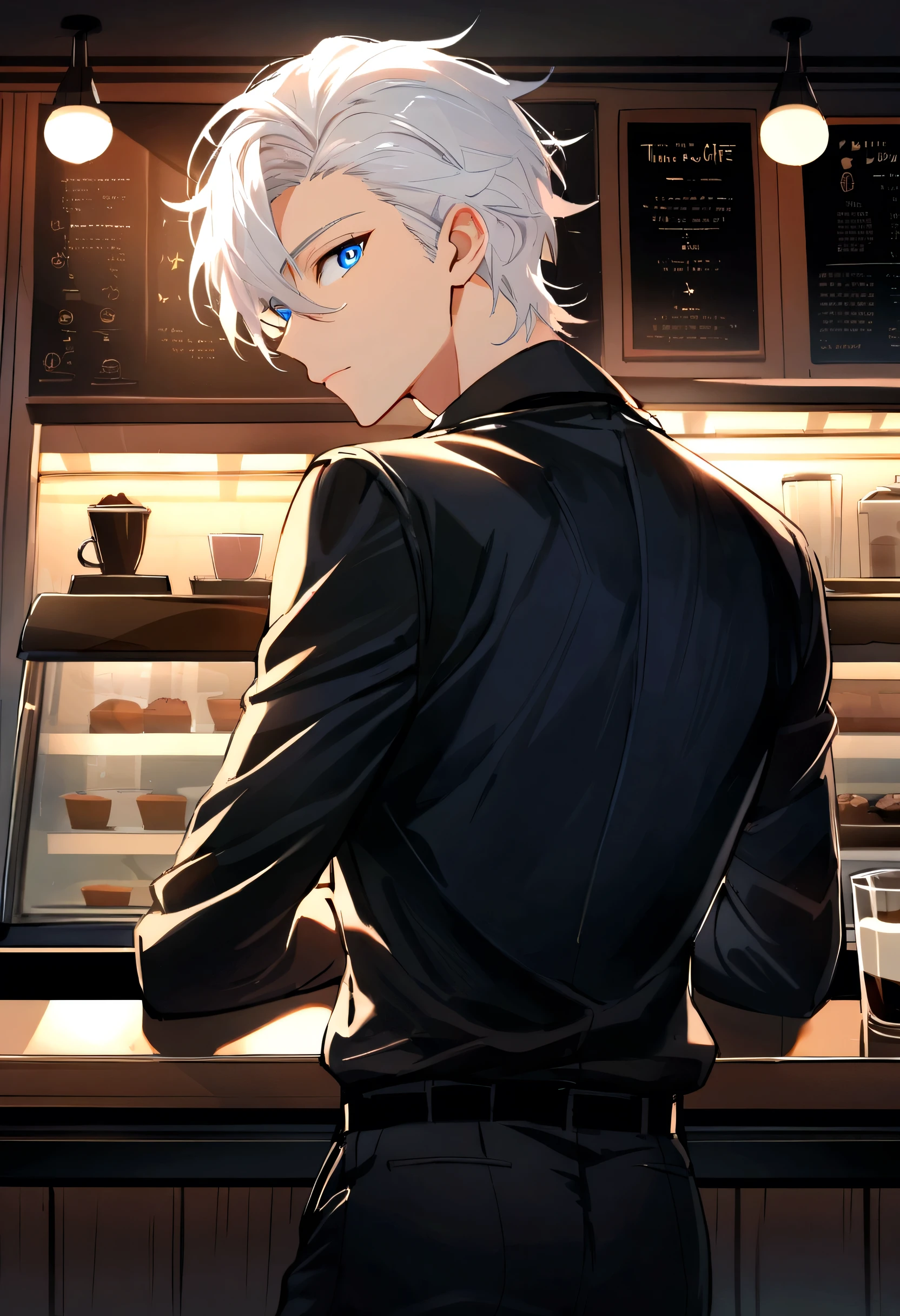 (Highest quality)(1 male teenager,single,white hair,blue eyes,fit ,Black suit shirt,black pants,Turn to look at the viewer,Stand in a café,beautiful morning light(coffee shop owner,shop glass, Detailed background (little light pollution)) look back