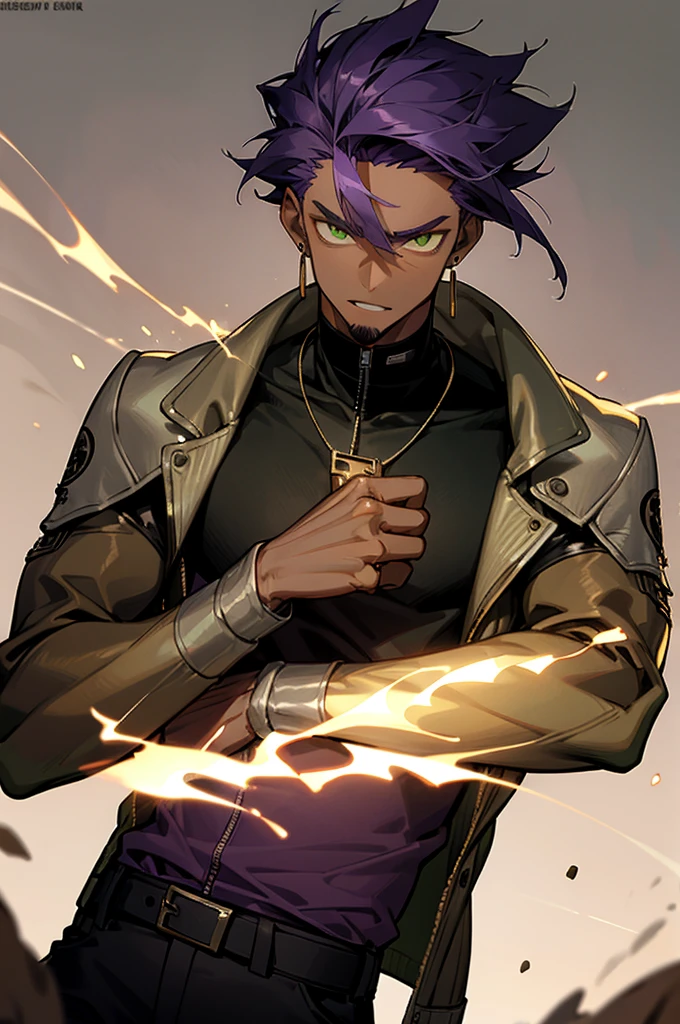 cameron x'voor, 1boy, belt, black belt, black pants, brown jacket, brown shirt, dark skin, dark-skinned male, dog tags, earrings, facial hair, fire, glowing, glowing eyes, gradient, gradient background, green eyes, jacket, jewelry, long sleeves, looking at viewer, male focus, necklace, open clothes, open jacket, pants, parted lips, purple hair, ring, shirt, short hair, solo, upper body, yellow shirt,