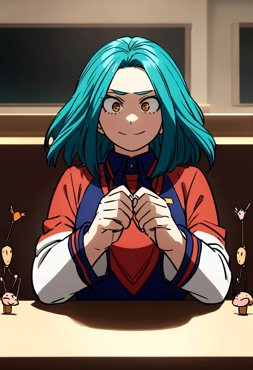 Captura de pantalla My hero academia. Chica que parece chico de pelo azul oscuro esponjado y corto, He has yellow and orange eyes and has a happy expression.. She is wearing the UA uniform and in the background she has a UA school class and she is sitting at a table with string puppets in her hands.