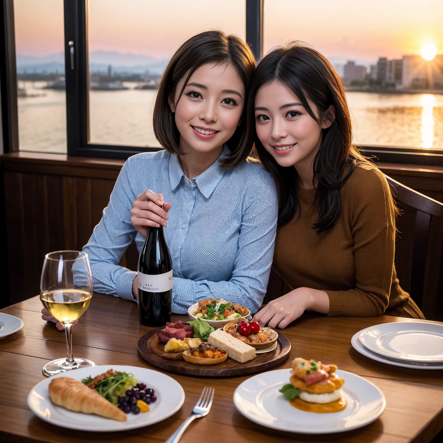 ((Highest quality、8k、masterpiece:1.3))、 (Genuineistic, Genuine、Bright image、Intricate details:1.2), 最高のsmile、1 male, 1 female、Beautiful couple、Satomi Ishihara-like lover、Good friends、actress couple、smile、Full-course dinner at a packed table、 (Slim face), (the body is slim), (Brown Hair), (short hair), テーブルのwine glass、Please shine a light on my face、 Amazing view of the sunset sky and clouds、 (36 years old)38 years old, red wine 、Appetizers、Wine bottle、sparkling wine、Long sleeve shirt、dress、White wine, red wine, wine glass,