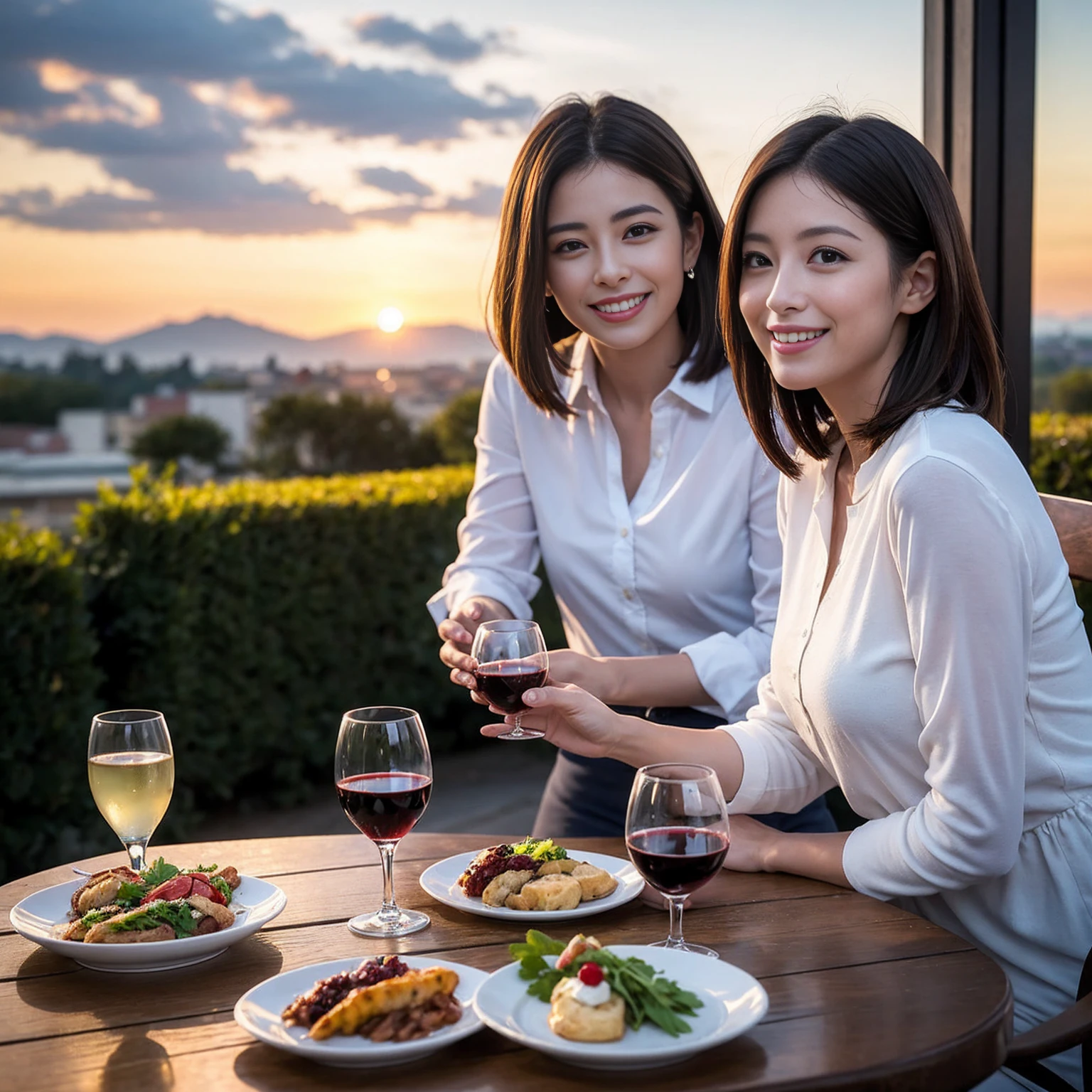 ((Highest quality、8k、masterpiece:1.3))、 (Genuineistic, Genuine、Bright image、Intricate details:1.2), 最高のsmile、1 male, 1 female、Beautiful couple、Satomi Ishihara-like lover、Good friends、actress couple、smile、Full-course dinner at a packed table、 (Slim face), (the body is slim), (Brown Hair), (short hair), テーブルのwine glass、Please shine a light on my face、 Amazing view of the sunset sky and clouds、 (36 years old)38 years old, red wine 、Appetizers、Wine bottle、sparkling wine、Long sleeve shirt、dress、White wine, red wine, wine glass,
