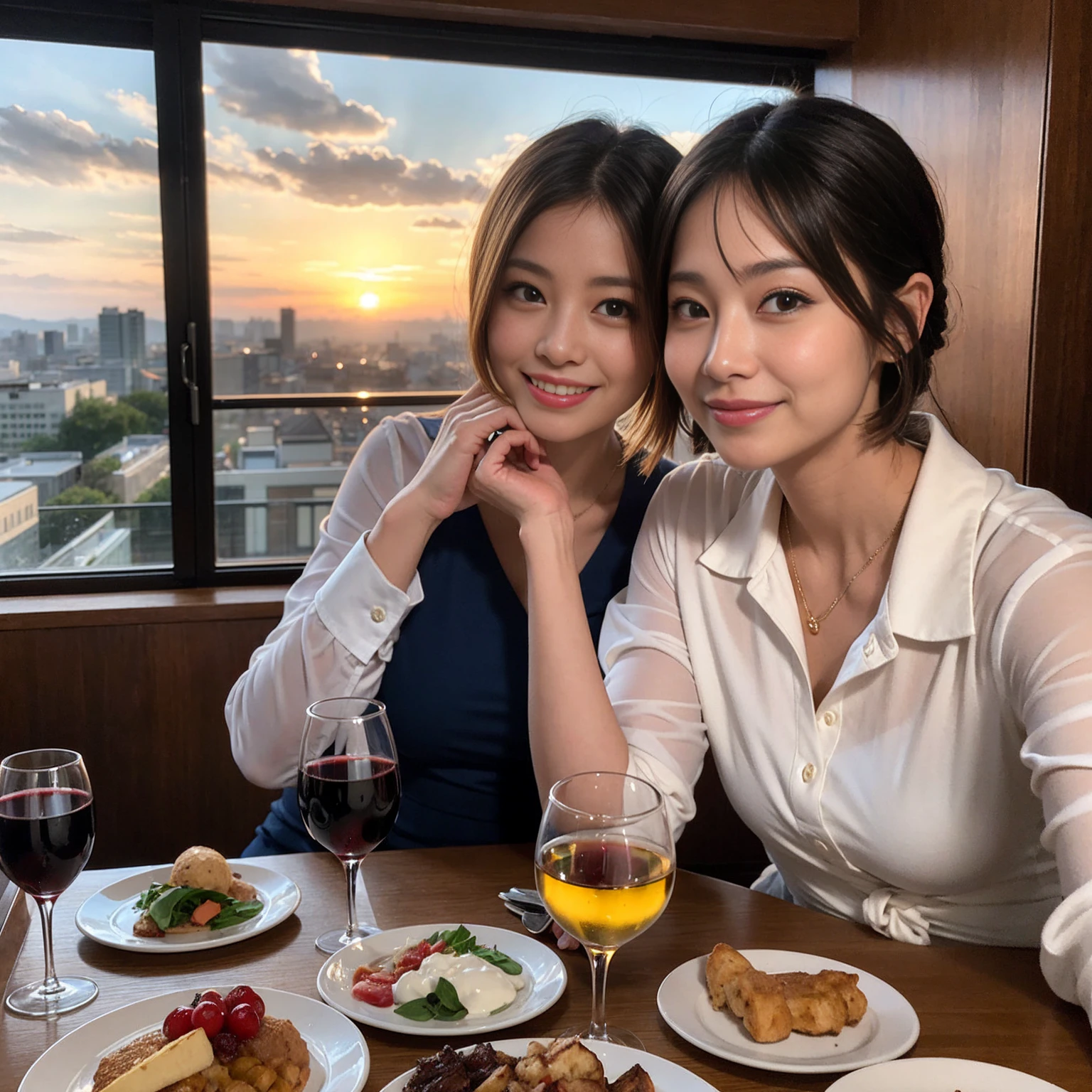 ((Highest quality、8k、masterpiece:1.3))、 (Genuineistic, Genuine、Bright image、Intricate details:1.2), 最高のsmile、1 male, 1 female、Beautiful couple、Satomi Ishihara-like lover、Good friends、actress couple、smile、Full-course dinner at a packed table、 (Slim face), (the body is slim), (Brown Hair), (short hair), テーブルのwine glass、Please shine a light on my face、 Amazing view of the sunset sky and clouds、 (36 years old)38 years old, red wine 、Appetizers、Wine bottle、sparkling wine、Long sleeve shirt、dress、White wine, red wine, wine glass,