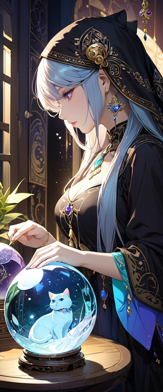 profile,A kind fortune teller,There is a cat nearby,Attention to detail,Beautiful crystal ball,Mysterious atmosphere,