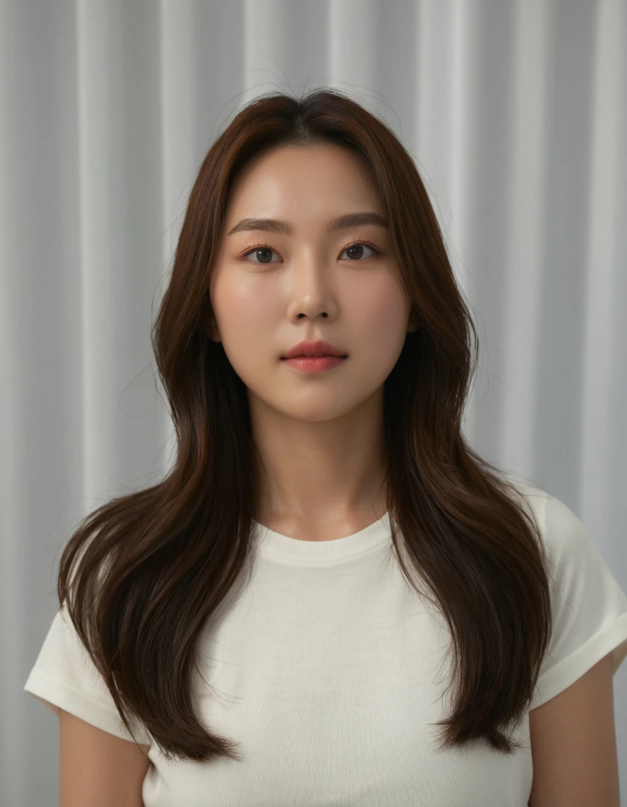 Best Quality, 8k, Masterpiece, (Portrait: 1.3), (photo realistic:1.4), (hyper realistic:1.4), Sharp Focus, looking at viewer, (smoother lighting:1.1), (increase cinematic lighting quality:0.9), realistic lighting, backlighting, light on face, ray trace, (brightening light:1.2), (Increase quality:1.4), sharp detail, (best quality real texture skin:1.4), finely detailed eyes, black_eyes, finely detailed face, 25 year old Korean woman, (white t-shirt:1.4), (Create an image maintaining the original base model hairstyle:1.5)