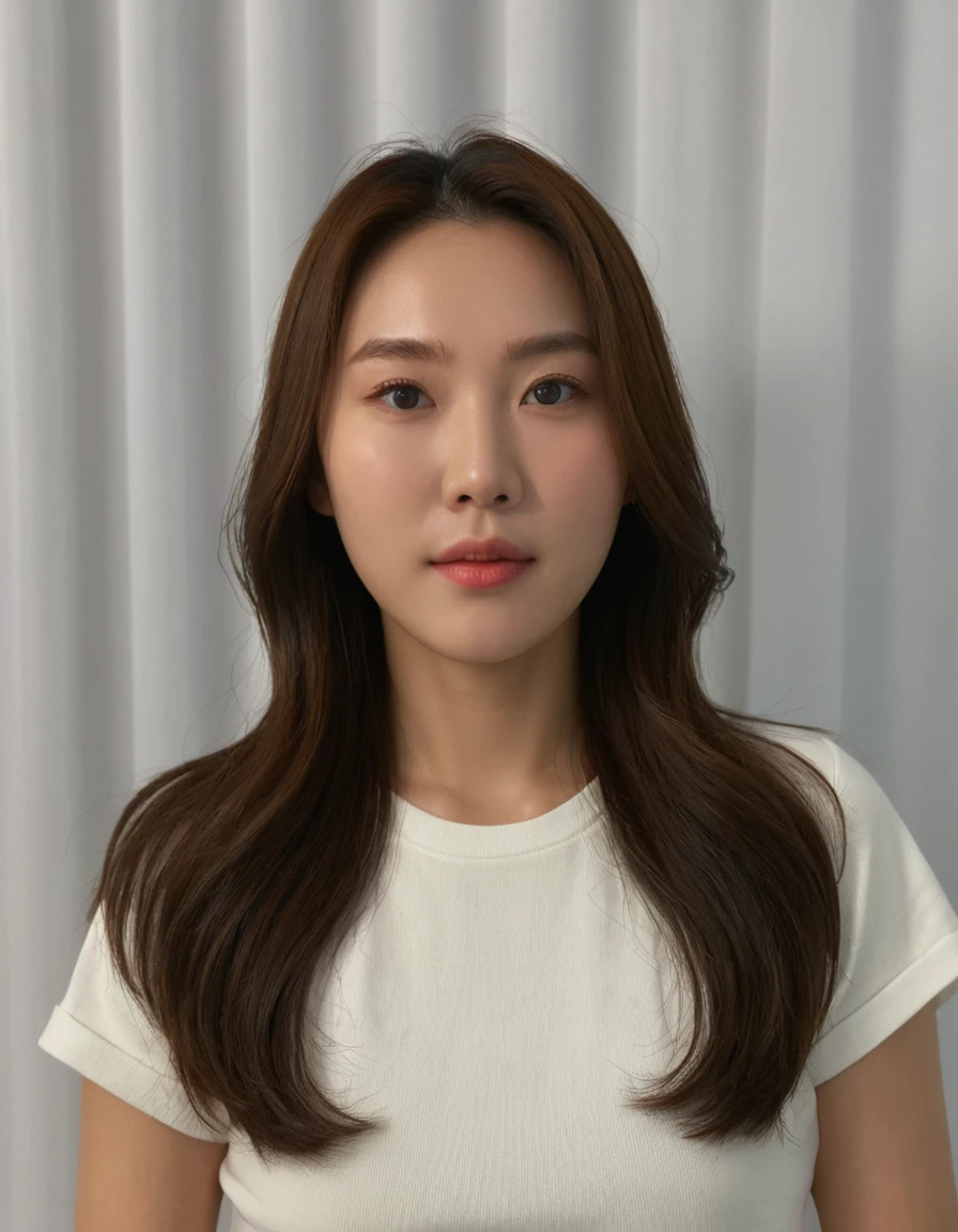 Best Quality, 8k, Masterpiece, (Portrait: 1.3), (photo realistic:1.4), (hyper realistic:1.4), Sharp Focus, looking at viewer, (smoother lighting:1.1), (increase cinematic lighting quality:0.9), realistic lighting, backlighting, light on face, ray trace, (brightening light:1.2), (Increase quality:1.4), sharp detail, (best quality real texture skin:1.4), finely detailed eyes, black_eyes, finely detailed face, 25 year old Korean woman, (white t-shirt:1.4), (Create an image maintaining the original base model hairstyle:1.5)