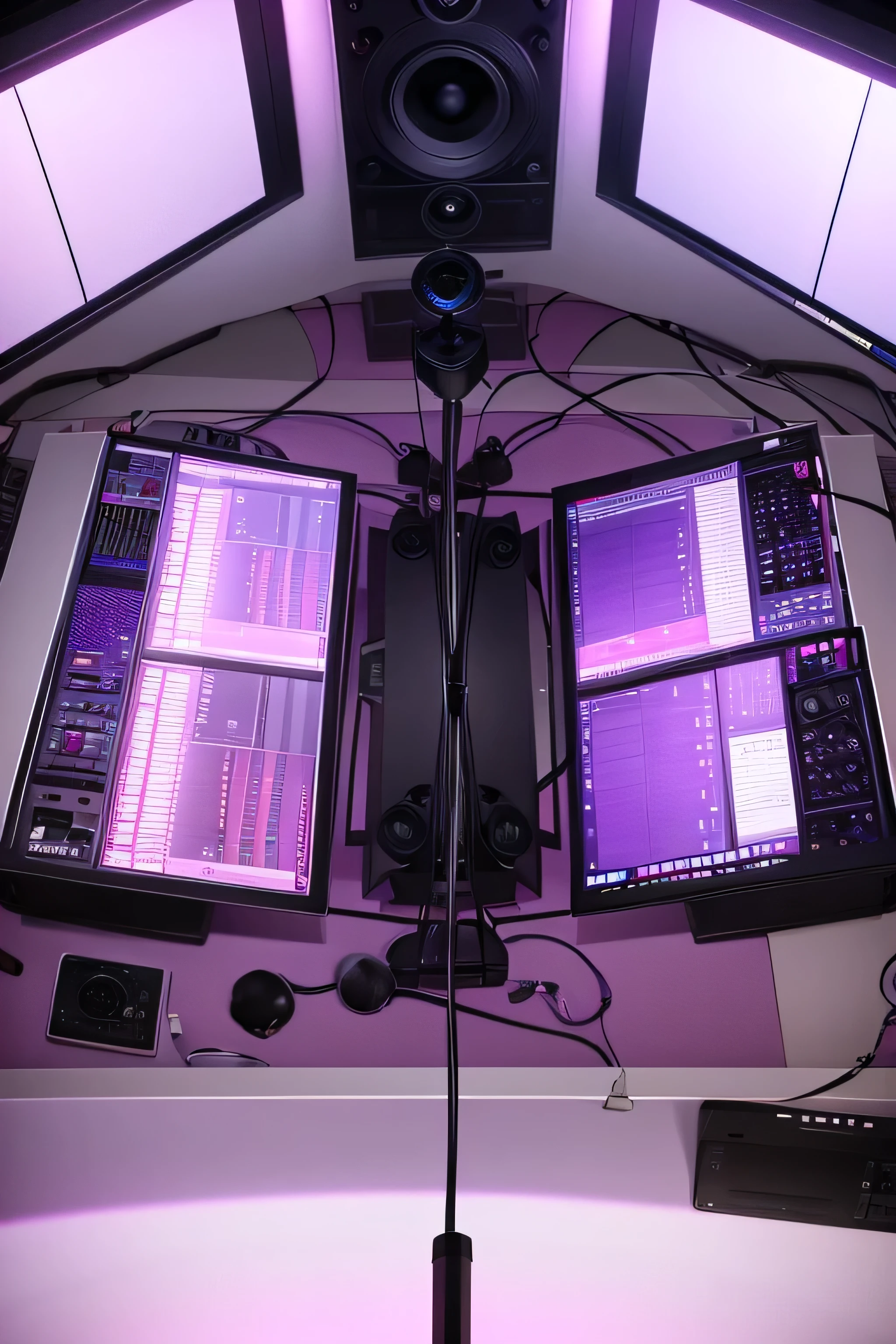 create a beautiful podcast recording studio in purple and violet tones, view from above, view looking down