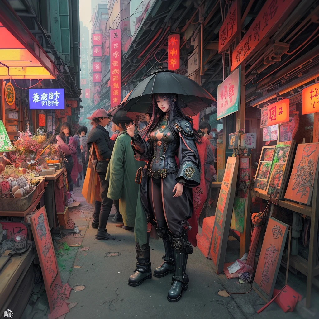 steampunk。Hongkong、Abandoned Asian cities、Alley、food stall、Rubber Coat Mecha。Midnight、Mucha、flower、Grasonochrome、Line artだけの塗り絵を作ってください。Line art、Finally, create the bottom of the coloring book.