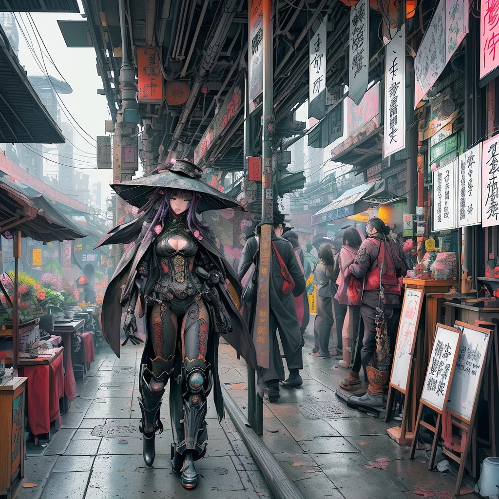 steampunk。Hongkong、Abandoned Asian cities、Alley、food stall、Rubber Coat Mecha。Midnight、Mucha、flower、Grasonochrome、Line artだけの塗り絵を作ってください。Line art、Finally, create the bottom of the coloring book.