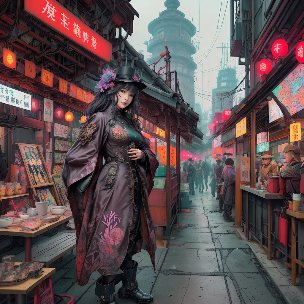 steampunk。Hongkong、Abandoned Asian cities、Alley、food stall、Rubber Coat Mecha。Midnight、Mucha、flower、Grasonochrome、Line artだけの塗り絵を作ってください。Line art、Finally, create the bottom of the coloring book.
