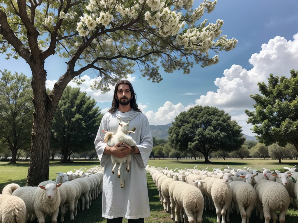 Campo verde, with a large tree with white flowers in the background and in the distance, e Jesus sentado de branco, holding a lamb in your arms, Jesus olhando para o horizonte.