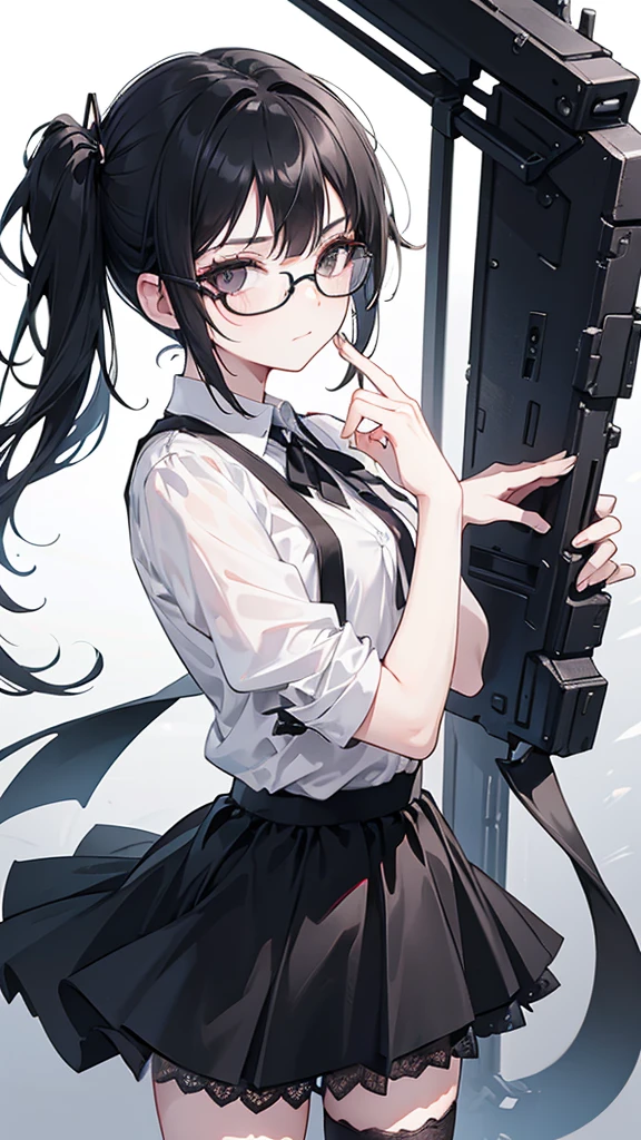 A woman with black eyes and short black hair, wearing black glasses, not smiling, and wearing a small clip. Wear a black lace skirt.