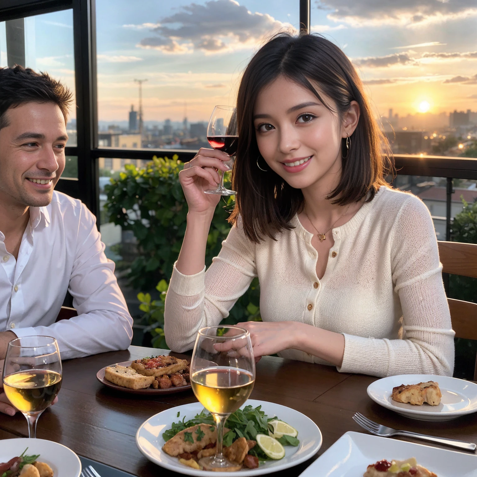 ((Highest quality、8k、masterpiece:1.3))、 (Genuineistic, Genuine、Bright image、Intricate details:1.2), 最高のsmile、1 male,1 female、Beautiful couple、spouse、fiancee、Good friends、actress couple、smile、Full-course dinner at a packed table、 (Slim face), (the body is slim), (Brown Hair), (short hair), テーブルのwine glass、Please shine a light on my face、 Amazing view of the sunset sky and clouds、 (42 years old)38 years old, red wine 、Appetizers、Wine bottle、sparkling wine、Long sleeve shirt、dress、White wine, red wine, wine glass, 