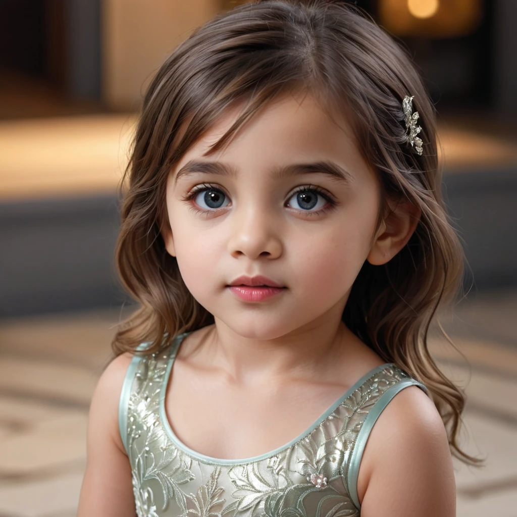 a 3 year old girl wearing an evening dress, beautiful detailed eyes, beautiful detailed lips, extremely detailed eyes and face, long eyelashes, beautiful detailed dress, studio lighting, (best quality,4k,8k,highres,masterpiece:1.2),ultra-detailed,(realistic,photorealistic,photo-realistic:1.37),highly detailed,extremely detailed,intricate details,vibrant colors,soft lighting,warm color palette,beautiful scenery,stunning backdrop