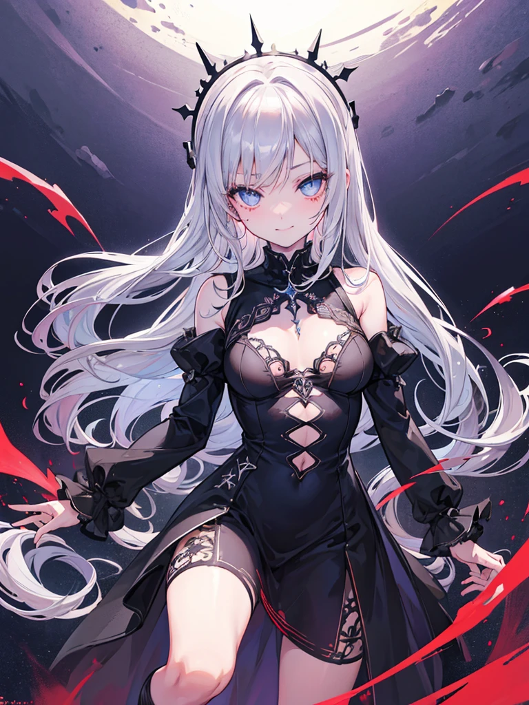 a girl, ((detailed eyes, detailed face, detailed body)), lightning eyes, (embarrassed:1, smile:1), (:1.5), full body, Gothic dress, 
midnight, lost technology, ancient scape, blood moon, Moonglow, mist, smoke, glowed orb, bloodstream, dynamic angle, spotlight,
