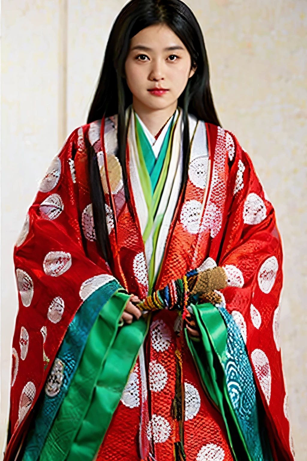 (masterpiece, highest quality:1.2), One girl, (beautiful japanese girl:1.2), juni-hitoe, solo, (upper body), Straight long black hair、open hiogi、court crest print, itutuginu, kasanenoirome, munamoto itutugine, sodeguchi itutuginu, suso itutuginnu, detail, Blank background, white background,