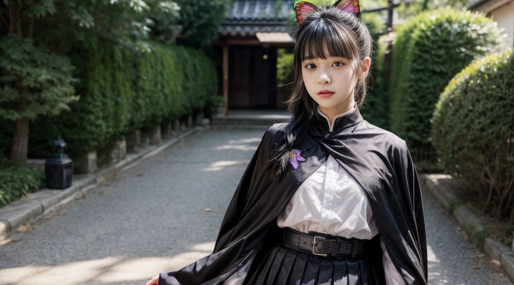 kanao tsuyuri, black hair, butterfly, butterfly hair ornament, (purple eyes:1.1), side ponytail, ponytail, black skirt, cape, demon slayer uniform, long sleeves, pleated skirt, skirt, white cape, upper body, detailed face, detailed eyes,