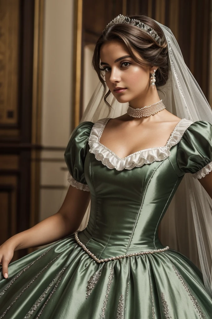 mujer de 1815 de estatura mediana, con una figura esbelta y delicada,thin and curvy. Su cabello rubio oscuro bastante corriente,He had long light brown hair.. cae en ondas suaves alrededor de su rostro, y sus ojos color verde musgo,Piel clara. highlights classic beauty,para un evento veneciano llevaba puesto vestido de brillante seda color plateado, with a tight, pearl-encrusted bodice and the type of flared skirt over petticoats that was so popular the previous century, accompanied by a mask that showed half of her face.