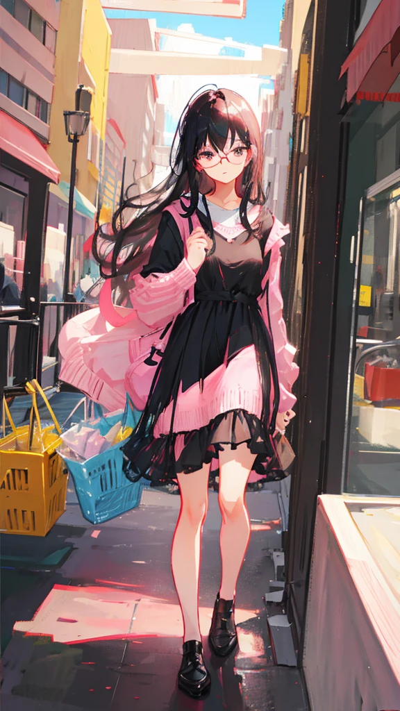 Black Hair Long Hair Glasses Bangs Pink eyes Knit dress Put your hands together