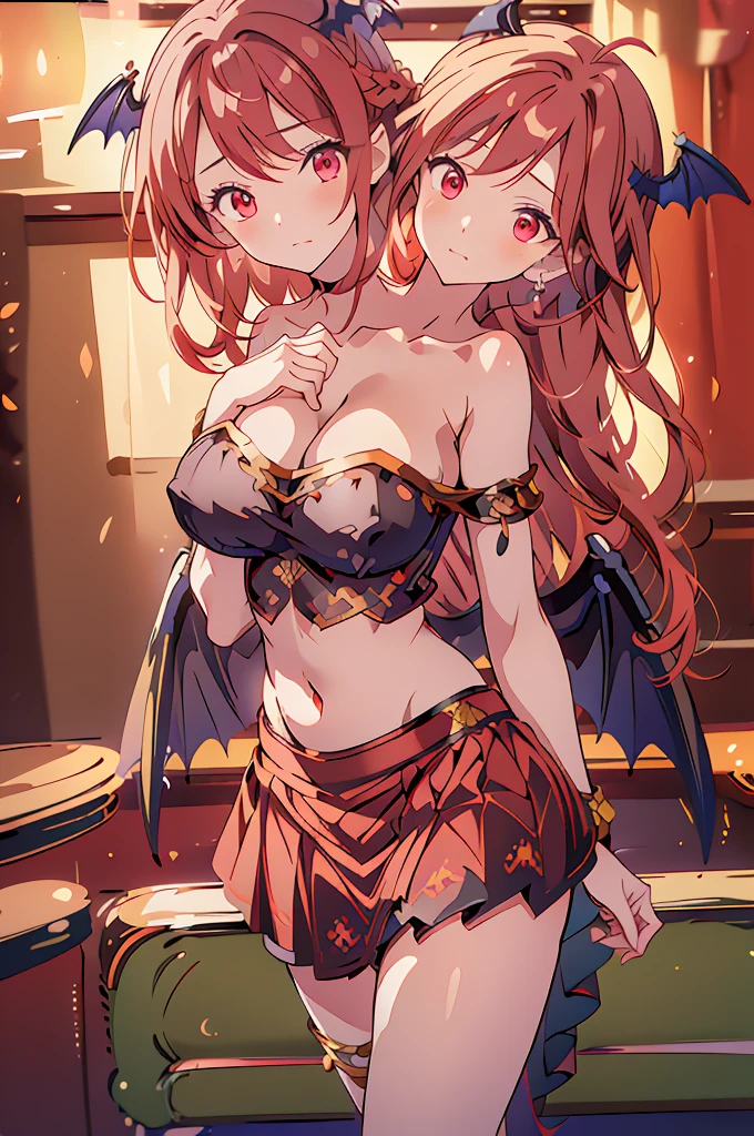 (masterpiece, best quality),best quality, (ultra-detailed), (3heads:1.5), 1girl, (koakuma:1.3), masterpiece, best quality, ultra quality, ultra resolution, ultra detail, white and black top, crop top, ((stomach)), midriff, ((groin)), black skirt, normal ears, shackles, red hair, very long hair, wavy hair, sidelocks, red eyes, parted lips, open belly, sweat, cute, toned belly, hand on own chest, eyelashes, (24 year old woman:1.3), (masterpiece:1.5), (best quality:1.5), (beautiful detailed), extremely detailed CG, extremely delicate and beautiful, depth of field, (finely detailed face), (perfect details:1.4), (mature female:1.3), wide pelvis, slender, large veiny breast, 16k resolution, highres, high quality, high definition, extremely detailed, masterpiece, red hair, long hair, alluring presence, braid, short skirt, close up, very big tits, huge tits, young, bat wings, demon girl, demon tail, demon wings, head wings,