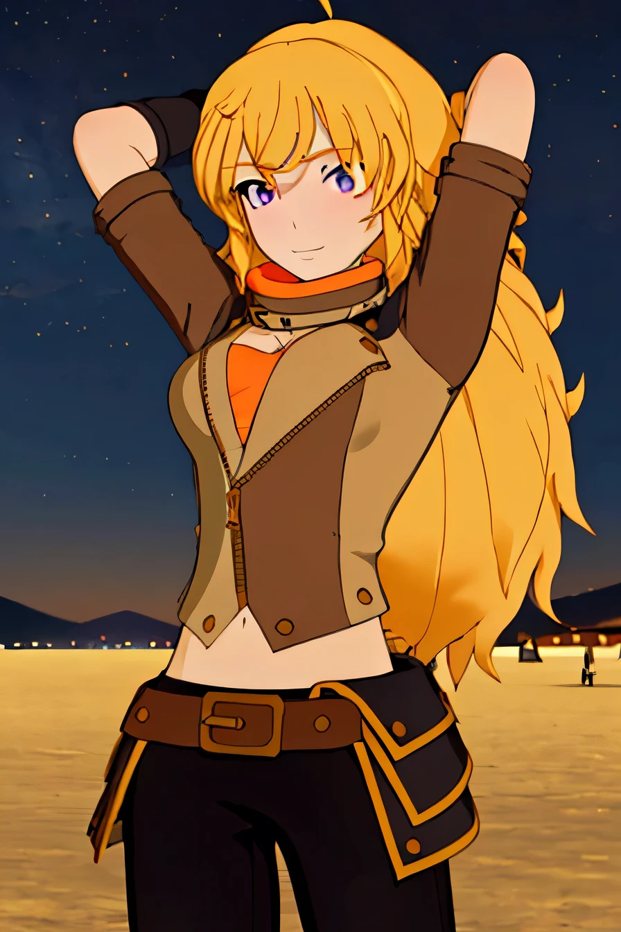 ((masterpiece,best quality)), 
Yang_RWBY,  1girl, solo, yellow hair, long hair, purple eyes, 
ahoge, mechanical arm, 
 belt, pants, jacket, fingerless gloves, 
 high quality, solo, 1girl, night sky, beach, arms behind head, (contrapposto), closed mouth, spread armpits, (cowboy shot:1.5), looking at viewer, smile, best quality,
cinematic composition, 