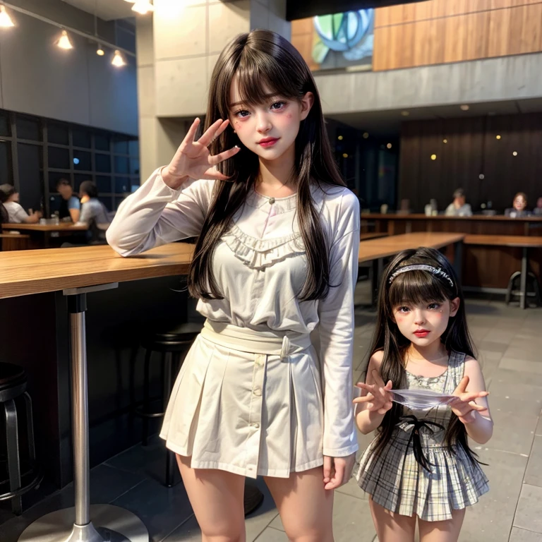 (high quality)、(high resolution)、Professional Lighting、Three s、Three elementary school students、Young face、Thin and beautiful legs、Narrow waist、(Big Breasts:1.2)、whole body、(smile:1.1)、(A classy, see-through, sleeveless, lace blouse with buttons and a collar:1.2)、(See-through lace mini skirt:1.2)、(Angle from below)