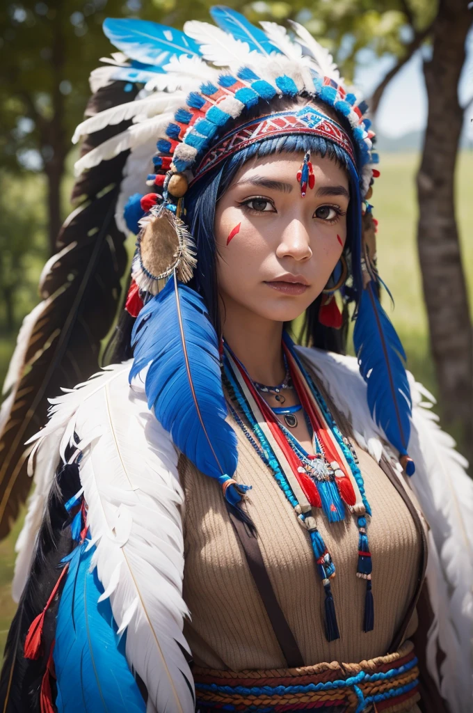 indigenous woman with headdress cocar made from feather blue, yallow em red, best quality, hight quality, fortnite like