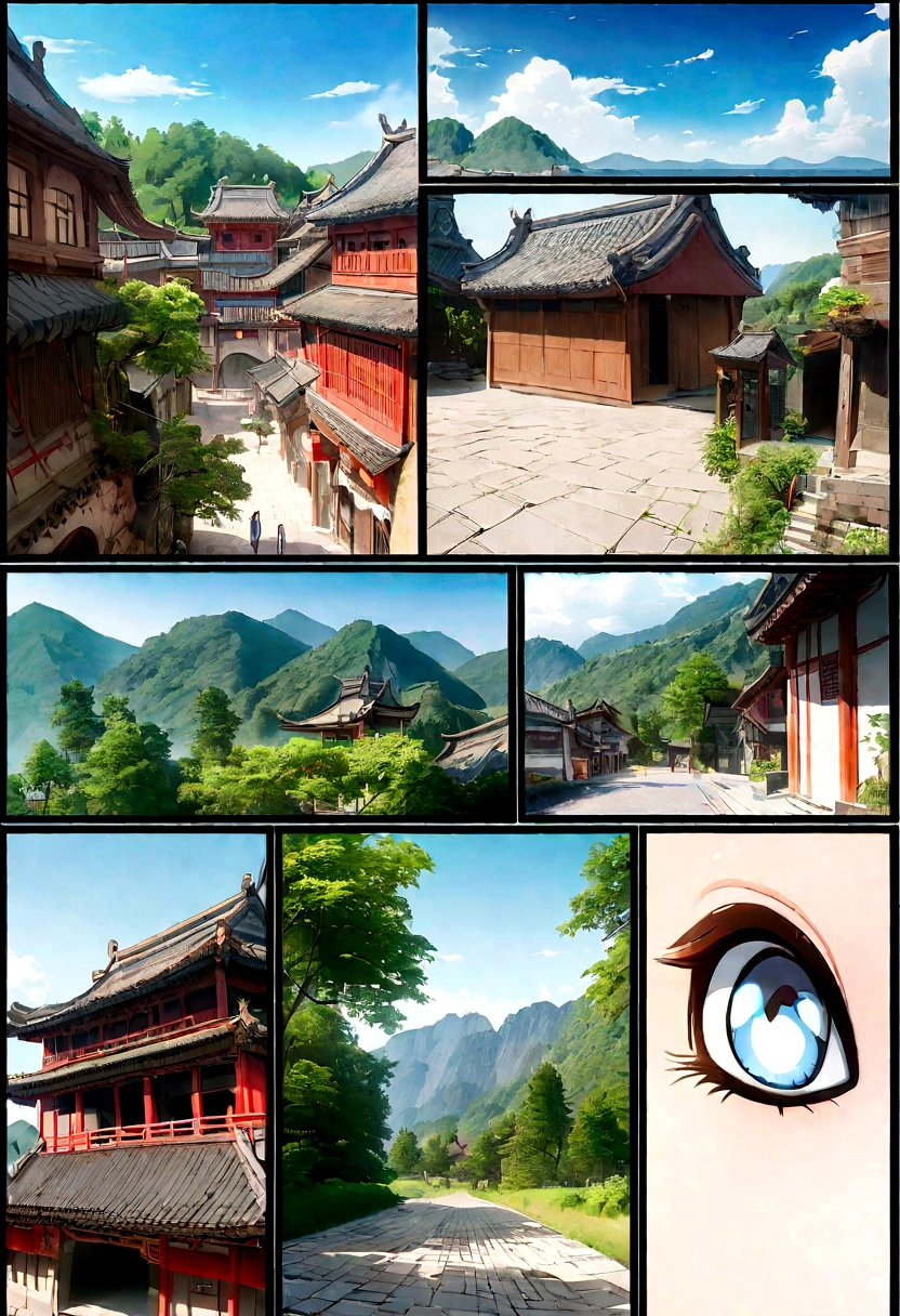 (((Comic storyboard))),(((Cartoon Split,4、5、6 tiles)))。comic strip,Two-dimensional picture,Manhwa Style,Makoto Shinkai animation style,Makoto Shinkai animation film art style,Ultra-wide angle of view,China-style,a town with beautiful scenery,Faraway view,Vivid and bright colors,super-fine,ultra - detailed,high qulity,8K ,oc rendered,dynamic viewing angle,Hyper Real,Ultra photo realsisim