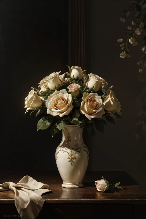 a vase with a bouquet of roses, roses of different colors, a large white A4 sheet lying separately, realistic, highly detailed, vibrant colors, intricate details, dramatic lighting, photorealistic, masterpiece, hyperrealistic, super detailed, cinematic lighting, volumetric lighting, 8k, photographic, studio lighting, professional, digital painting, hyper detailed, sharp focus, beautiful, elegant, classical, natural lighting, chiaroscuro, oil painting, impasto texture, dynamic composition, atmospheric, moody, romantic