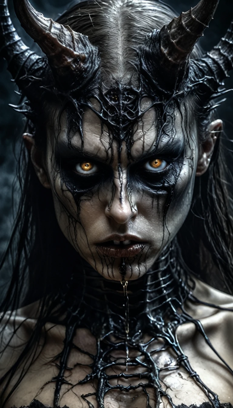 Horror-themed , The darkness in the eyes, Portrait of the devil, Illustration Style：Luis Royo Alexis Briclo, Very detailed顔, Raytracing Bloom Refraction Volumetric Lighting Award-winning Wallpapers Cinematic Masterpieces 8k 4k Stunning Quality Ultra High Resolution Exquisite Detail Surreal Beautiful Gorgeous HDR Cinestill Canon 5D
 . Creepy, Anxious, dark, Creepyな, Suspenseful, strict, Very detailed