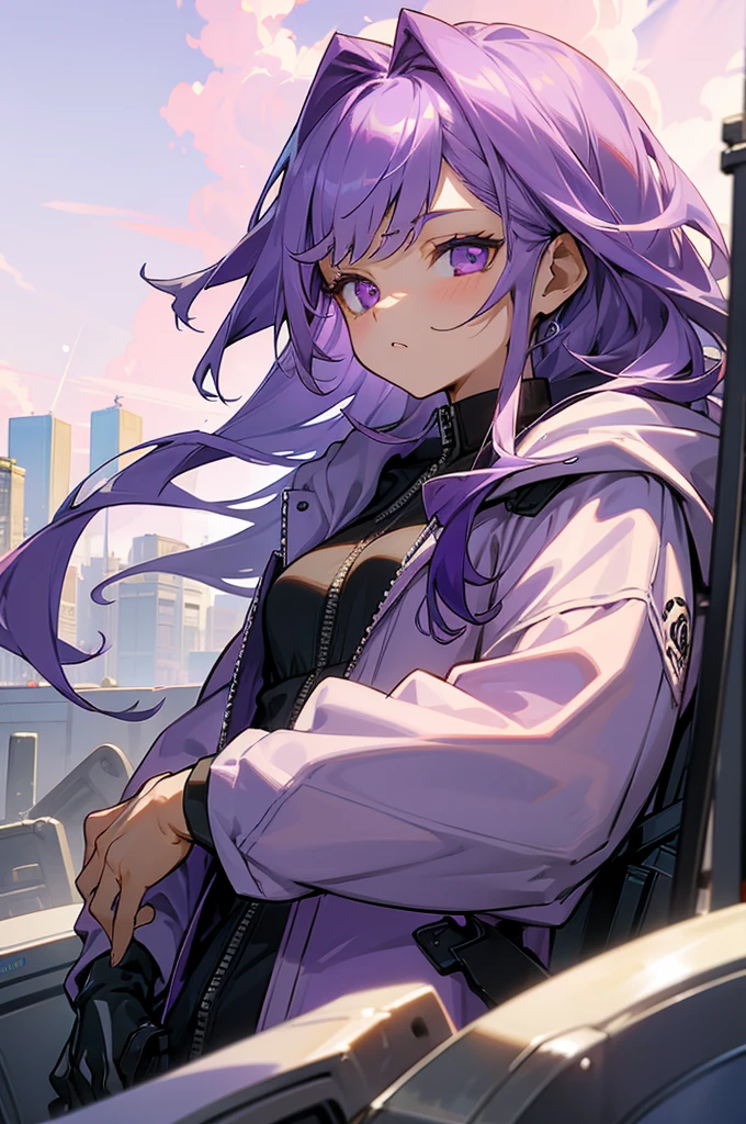 ((tmasterpiece,Best quality))1girll,Purple colored hair,solo, Ultra-detailed eyes,Purple colored hair, Long gray hair,side locks, hair adornments,a purple eye, hood down,white shirt,jaket,Open your clothes,centerpiece,with blue sky and white clouds