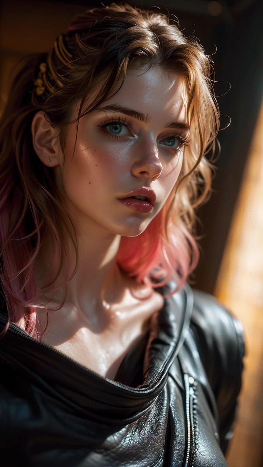 (((ultra realistic))) Photo, masterpiece, top quality, (pale skin), (Ultra detailed face and eyes:1.3), 1 girl, Adult, In Lifchik, ((Eye makeup, pink mascara)), ((large detailed lips)), ((pink wavy hair)), ((Stylish hairstyle)) , (Natural breasts), Slim waist. ((Posing, Hand on face)), photoshoot, Studio soft lighting, (The play of light and shadows), depth of field, bokeh, (special attention to skin detail: 1.2), Detailed leather texture, skin pores. (Warm atmosphere of the frame. color scheme - black, Yellow, Tons), ((Grunge style)) , UDR, ((Film grain)), ((rays)), (Glare), ((waist up portrait, close to the camera)) , ultra detialed,