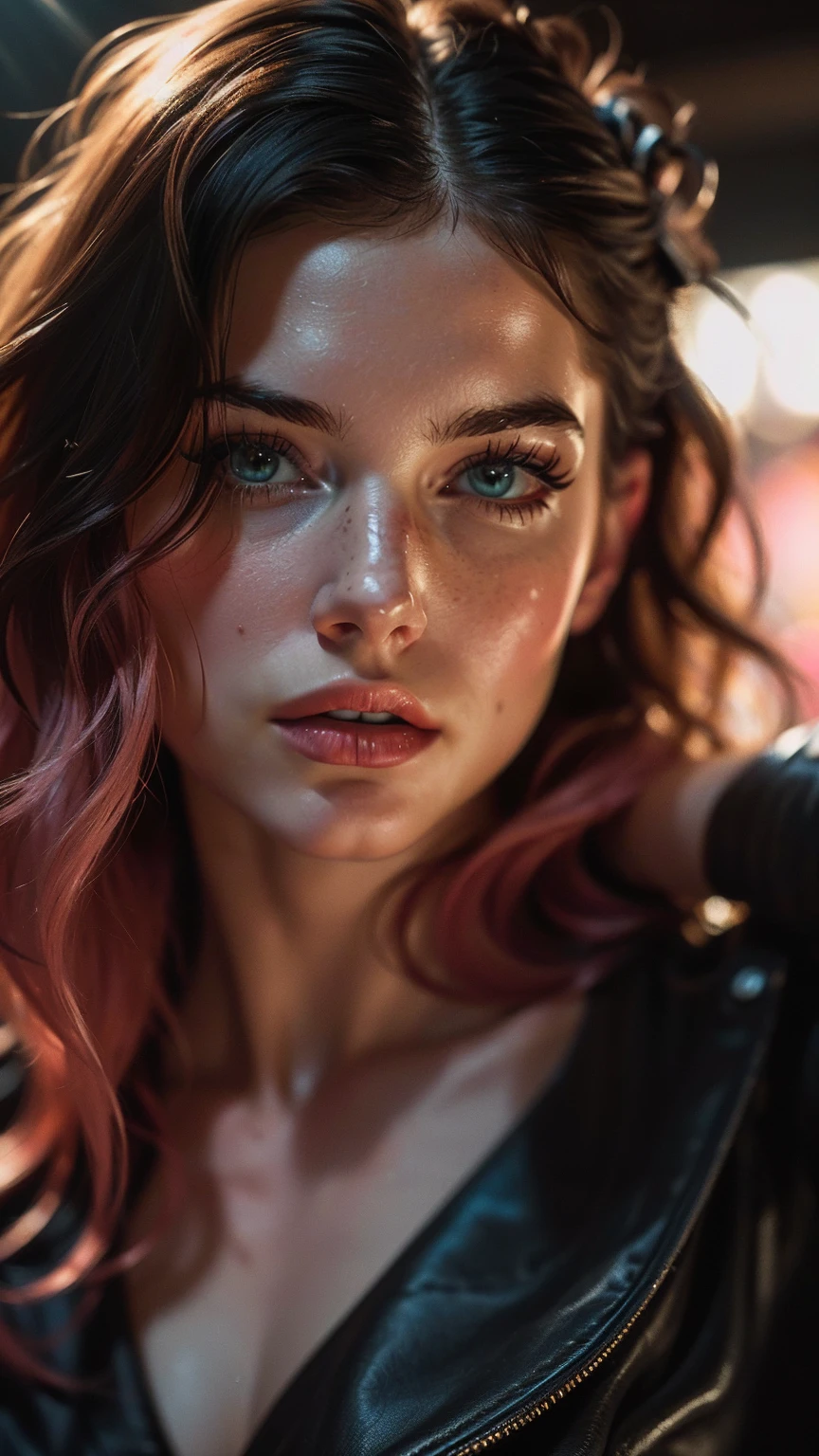 (((ultra realistic))) Photo, masterpiece, top quality, (pale skin), (Ultra detailed face and eyes:1.3), 1 girl, Adult, In Lifchik, ((Eye makeup, pink mascara)), ((large detailed lips)), ((pink wavy hair)), ((Stylish hairstyle)) , (Natural breasts), Slim waist. ((Posing, Hand on face)), photoshoot, Studio soft lighting, (The play of light and shadows), depth of field, bokeh, (special attention to skin detail: 1.2), Detailed leather texture, skin pores. (Warm atmosphere of the frame. color scheme - black, Yellow, Tons), ((Grunge style)) , UDR, ((Film grain)), ((rays)), (Glare), ((waist up portrait, close to the camera)) , ultra detialed,