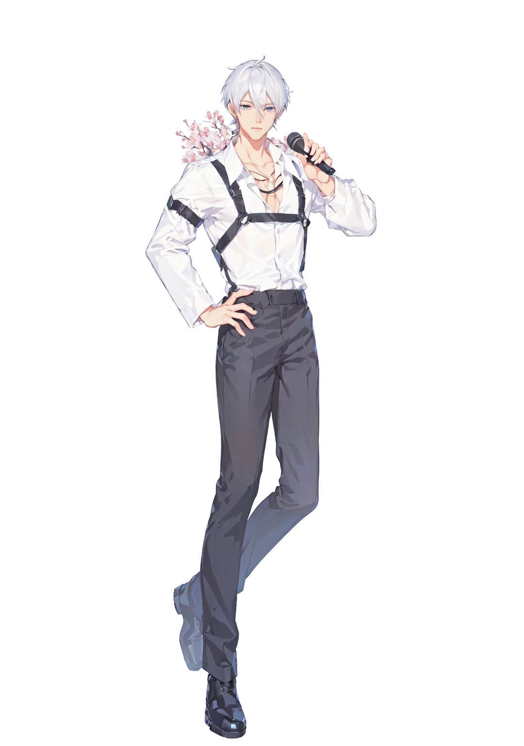 Holding a microphone、Anime character wearing white shirt and black pants, !!Full body portrait!!, Single character full body, Tall anime man with blue eyes, Official Character Art, Full body illustration, ( ( Character Concept Art ) ), Full body portrait, Full body solo character, Hajime Yatate, anime Full body illustration, Official character illustrations