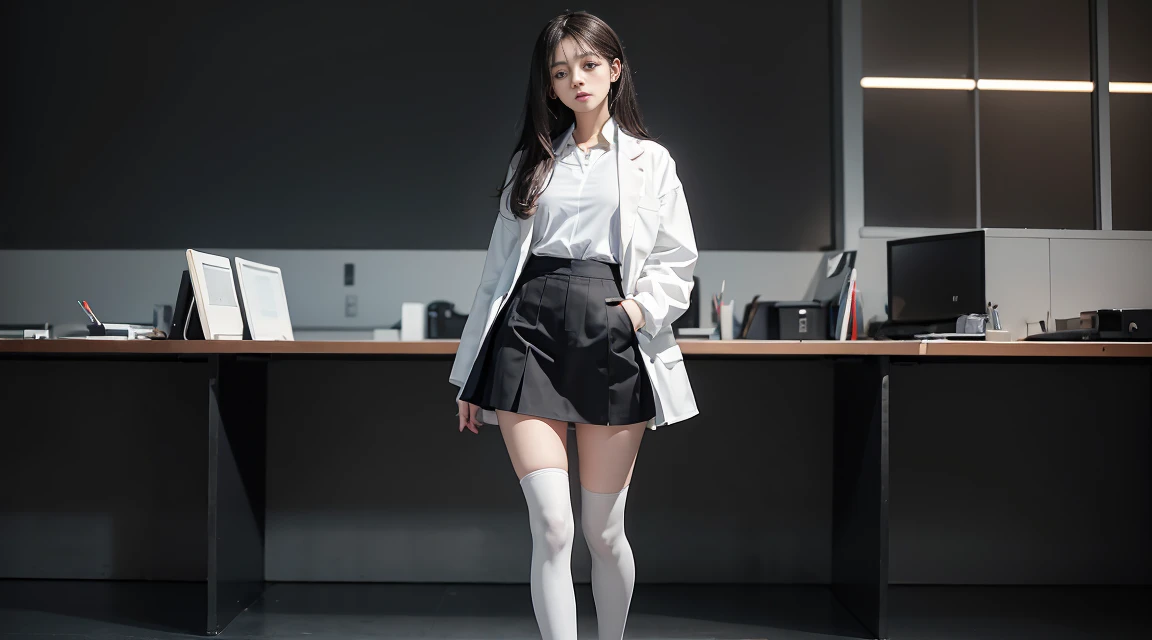 masterpiece, best quality, high quality, high resolution, girl, solo, white shirt, long lab coat, black office skirt, thigh tights, full body, standing, hands in pockets, bored, depth of field, laboratory,