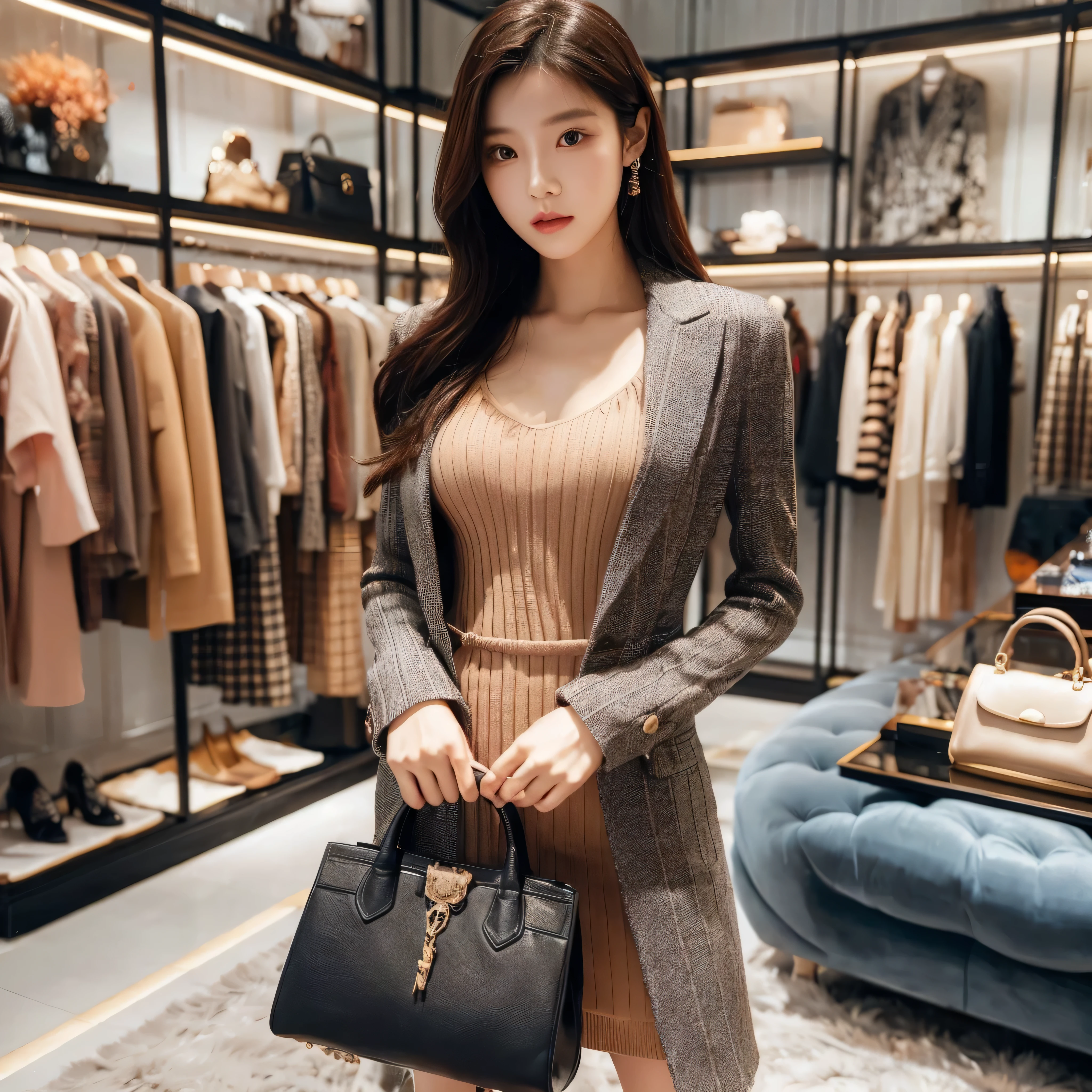 a beautiful chinese girl, wearing a clenched ribbed dress, covered by a stylish outer blazer, standing in a fashionable boutique clothing store, carrying a women's handbag, 1girl, extremely detailed, photorealistic, high quality, intricate details, studio lighting, cinematic bokeh, vibrant colors, warm lighting