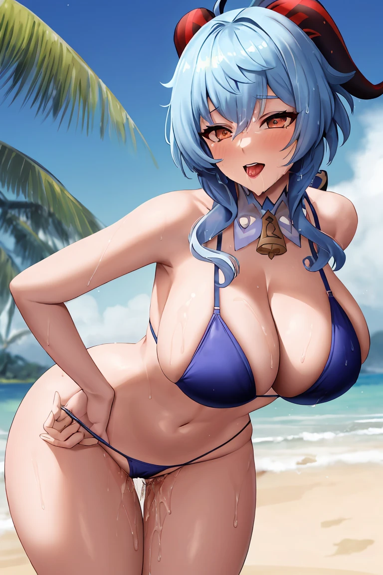 Ganyu, genshin impact, lingerie, thin bikini, Leaning Forward, Hips grab, , Ahegao, pusussy juthick thighs, posing, beach, blue Hair, busty, wide hbig breasts , naugwet, milf,