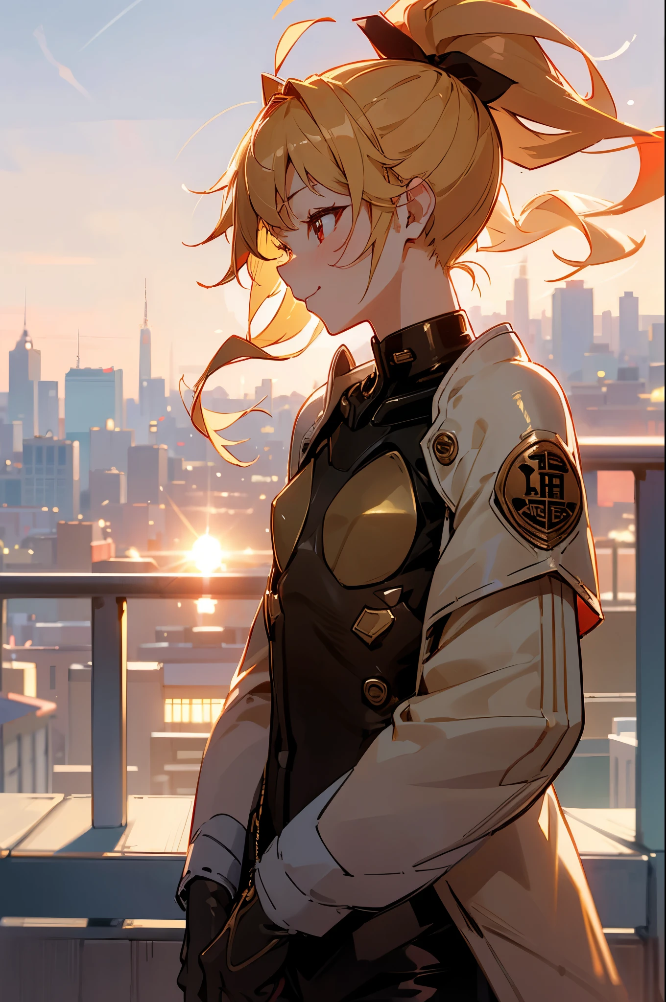 1 girl、8k、Sharp focus、(Bokeh) (highest quality) (Detailed skin:1.3) (Intricate details) (anime)、Genki girl、Small breasts、Red Riders Jacket、blonde、Beautiful red eyes、ponytail、Ahoge、gloves、Bright smile、terrace、Blowing in the wind、Golden Hour Sky、profile、Upper body close-up