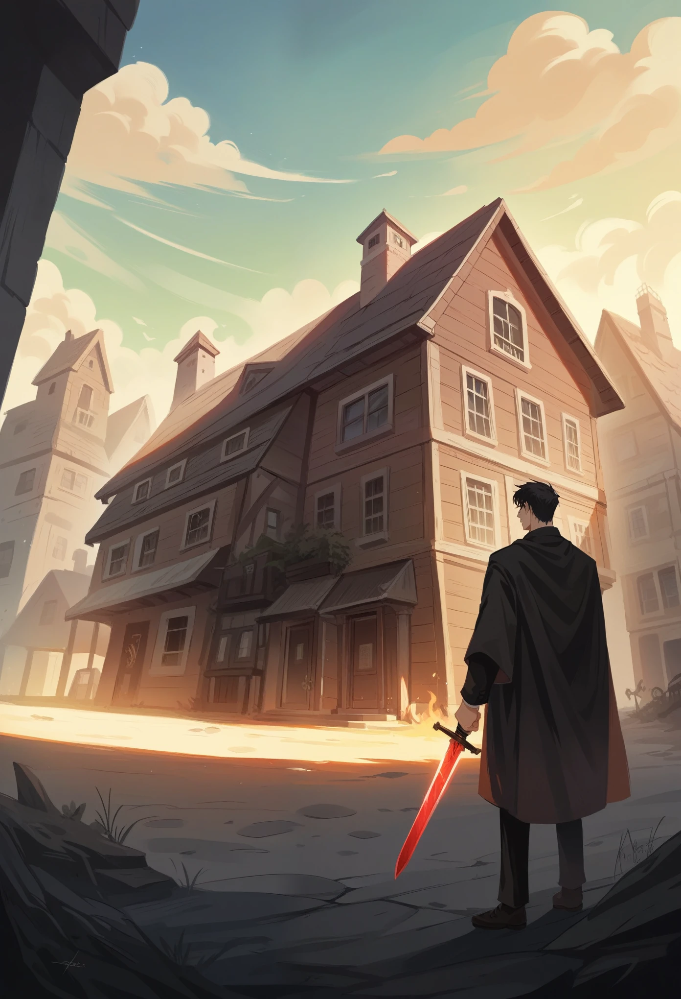 Character Kentallion, 16 years old, boy, Black Hair, Fire Sword, setting: The village was destroyed, The house is on fire. Black creatures, Shadow Specter, Amber Eyes, Conceptual Art, Cinema Lighting, Cast a Shadow, Diffraction Spikes, Ultra Wide Angle, Hasselblad, Ultra-high resolution, masterpiece, Anatomically correct, 1080p, 4K, 8k, Highest quality