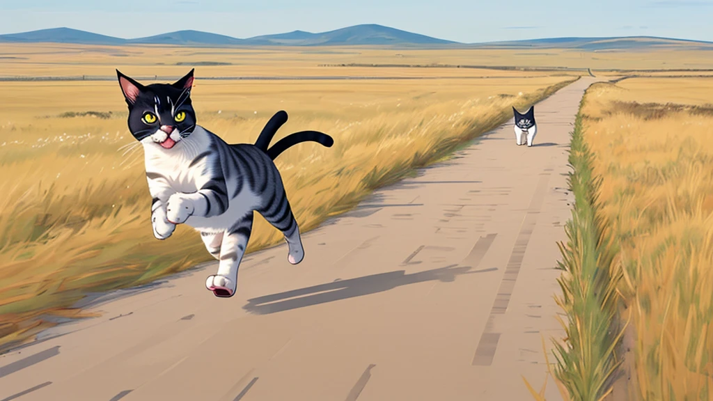 Cat running in the steppe