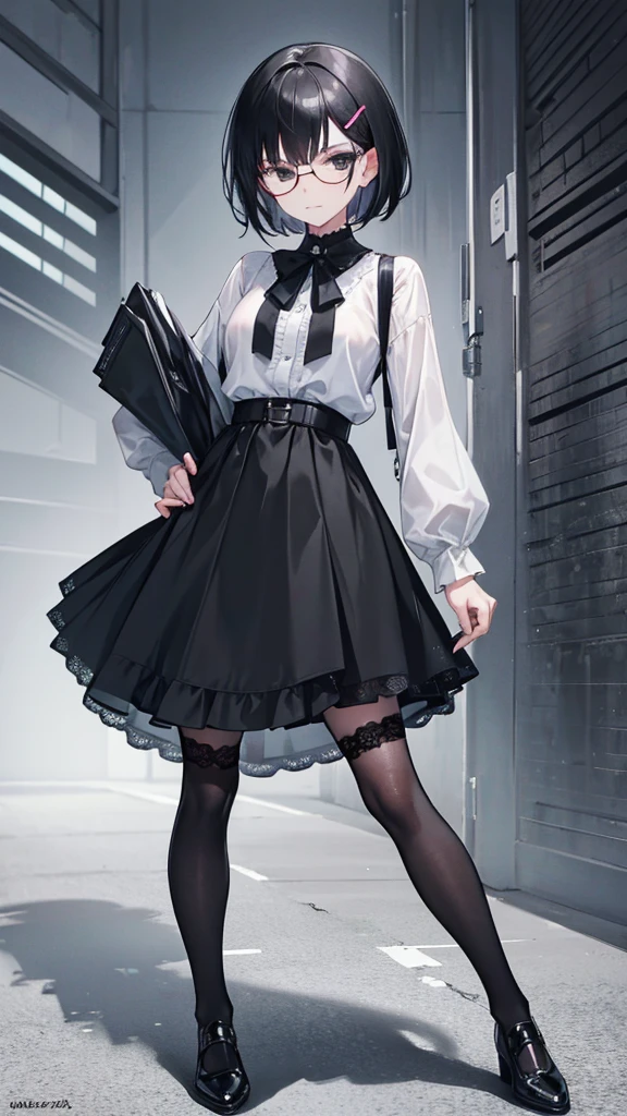 A woman with black eyes and short black hair, wearing black glasses, not smiling, and wearing a small clip. Wear a black lace skirt.