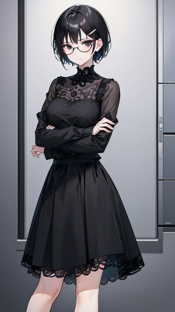 A woman with black eyes and short black hair, wearing black glasses, not smiling, and wearing a small clip. Wear a black lace skirt.