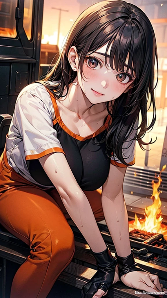 ((Highest quality)), ((High resolution)), ((masterpiece)), ((detailed)), One cute girl, 18-year-old, Beautiful Face, Beautiful details, Beautiful Hair, Black Hair, Beautiful clavicle, Beautiful body, (Big Breasts:0.8), Beautiful legs, (Orange firefighter suit), White shirt, Sweat, evening, Beautiful views, Near fire trucks, stand