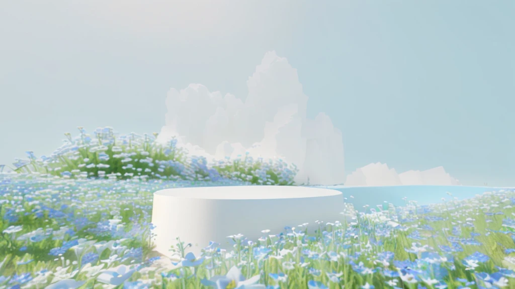 A white pedestal in a field of blue flowers, Beautiful landscape rendering, Soft 3d rendering, High-quality local rendering, blue realistic 3 d render, depicted as a 3 d render, A beautiful field of flowers, White and light blue tones, Clean 3D Rendering, On a white table, White and blue, Hyper-realistic 3D rendering