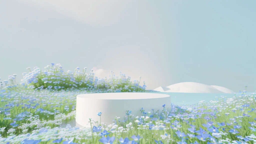 A white pedestal in a field of blue flowers, Beautiful landscape rendering, Soft 3d rendering, High-quality local rendering, blue realistic 3 d render, depicted as a 3 d render, A beautiful field of flowers, White and light blue tones, Clean 3D Rendering, On a white table, White and blue, Hyper-realistic 3D rendering